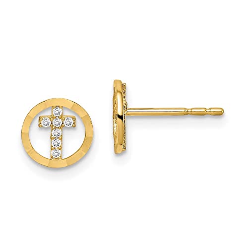 14k Yellow Gold Cubic Zirconia Diamond-Cut Circle Cross Stud Earrings Len-0.29 In