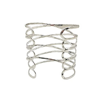 COLORFUL BLING Punk Alloy Hollow Geometric Smooth Polished Gold Hoop Open Cuff Wide Bracelet Bangle Wrist Jewelry for Women Lady - color: 2pcs silver thread