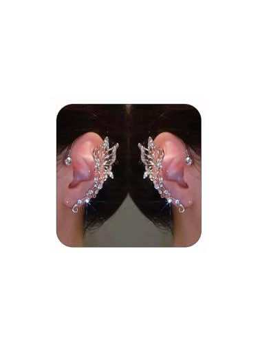 2Pcs Butterfly Ear Cuffs Rhinestone Clip On Earrings | Rhinestone butterfly ear cuffs with non piercing clip on design; silver ear wrap climber jewelry for parties and weddings - style: Style A Silver