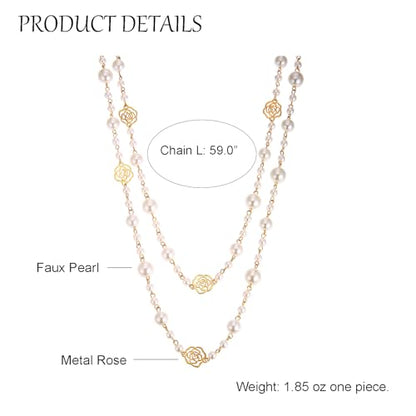 Simulated Pearl Strand Layered Necklace for Women, Multi Strand Long Necklace, Dainty Sweater Necklace for Party Costume Jewelry - style: Rose