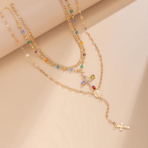 GIGB PBDK Gold Cross Layered Necklaces for Women,Long Colorful Crystal Drop Necklace Unique Big Crucifix Necklace Set,Aesthetic Religious Jewelry Accessories - color: Gold1