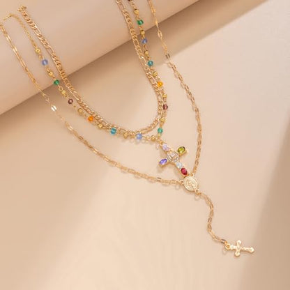 GIGB PBDK Gold Cross Layered Necklaces for Women,Long Colorful Crystal Drop Necklace Unique Big Crucifix Necklace Set,Aesthetic Religious Jewelry Accessories - color: Gold1