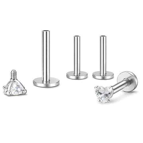 Titanium Heart CZ Labret Stud Earrings for Piercings by Ginger Lyne 6Pc Set G23 Screw Front Flat Back Body Jewelry 2 pair post 6mm, 8mm Cartilage, Helix, Tragus, Lip, Conch, Lobe - color: 3mm-Clear