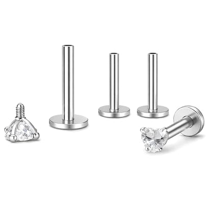 Titanium Heart CZ Labret Stud Earrings for Piercings by Ginger Lyne 6Pc Set G23 Screw Front Flat Back Body Jewelry 2 pair post 6mm, 8mm Cartilage, Helix, Tragus, Lip, Conch, Lobe - color: 3mm-Clear