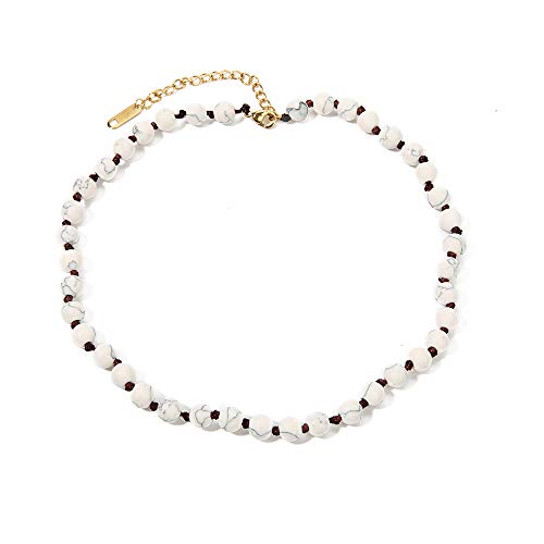 Semi Precious Stone Beaded Choker Necklace 14K Gold Plated Natural Stone Double Strand Necklace Layered Short Necklaces - color: White Howlite