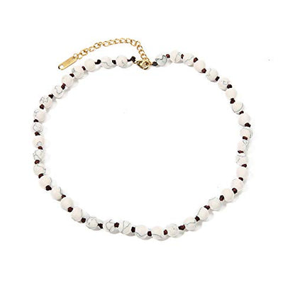 Semi Precious Stone Beaded Choker Necklace 14K Gold Plated Natural Stone Double Strand Necklace Layered Short Necklaces - color: White Howlite