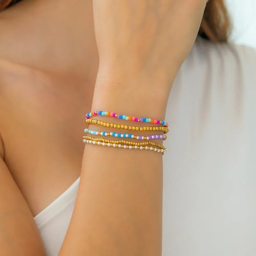 14K Gold Plated Beaded Bracelets Stack Set for Women,Stretch Boho Ball Jewelry Friendship Trendy - color: Colorful