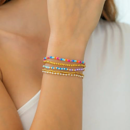 14K Gold Plated Beaded Bracelets Stack Set for Women,Stretch Boho Ball Jewelry Friendship Trendy - color: Colorful