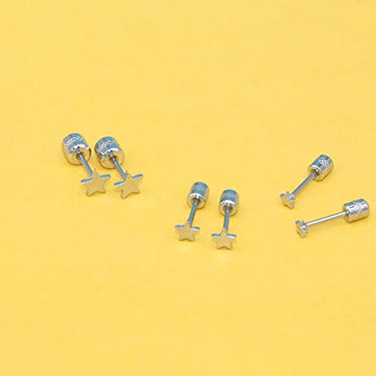 Screw on Earring Backs for Women,Hypoallergenic Surgical Steel Stud Earrings Ball Star Circle Simple Geometric Cartilage Helix Flat Back Piercing Earrings - color: 3pairs,Silver,Star(3-5mm)