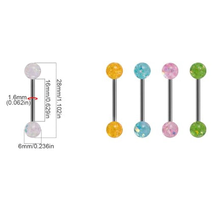 5Pcs Sequins Tongue Rings 14G Stainless Steel Barbell with Glitter Multi-Color Balls Straight Barbell Tongue Piercing Body Jewelry for Women