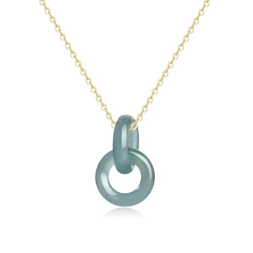 Real Green Jade Pendant Necklace for Women Donut/Heart/Clover/Teardrop/Rose/Lotus Flowers Genuine Jadeite Jewelry with Gold Plated 925 Sterling Silver Chain - style: Double Circles Silver Necklace