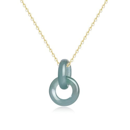 Real Green Jade Pendant Necklace for Women Donut/Heart/Clover/Teardrop/Rose/Lotus Flowers Genuine Jadeite Jewelry with Gold Plated 925 Sterling Silver Chain - style: Double Circles Silver Necklace