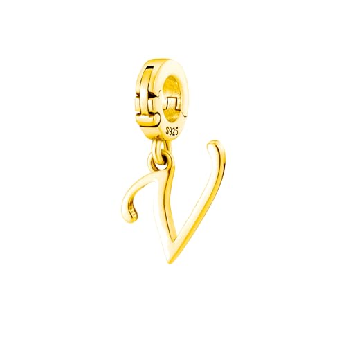 A-Z Alphabet Letters Versatile Clip On Open Multi-Clasp Pendant 925 Sterling Silver Charm For Pandora & Other Link Charm Bracelets/Necklaces/Anklets/Etc - color: Yellow Gold, size: V