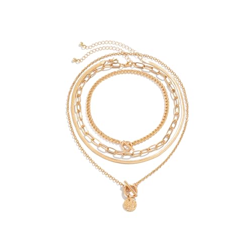 Rrdaily Gold Layered Stack Necklace Set for Women, Retro Thick Cuban Chain Coin Medallion Pendant Necklace,Paperclip Chain Heart Clasp Choker Jewelry Gift - color: Gold