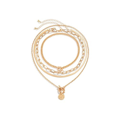 Rrdaily Gold Layered Stack Necklace Set for Women, Retro Thick Cuban Chain Coin Medallion Pendant Necklace,Paperclip Chain Heart Clasp Choker Jewelry Gift - color: Gold