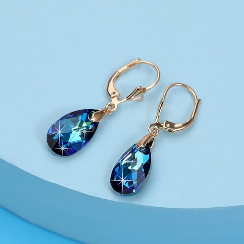 Austrian Crystal Teardrop Leverback Dangle Earrings for Women Fashion 14K Gold Plated Hypoallergenic Jewelry - color: Bermuda Blue