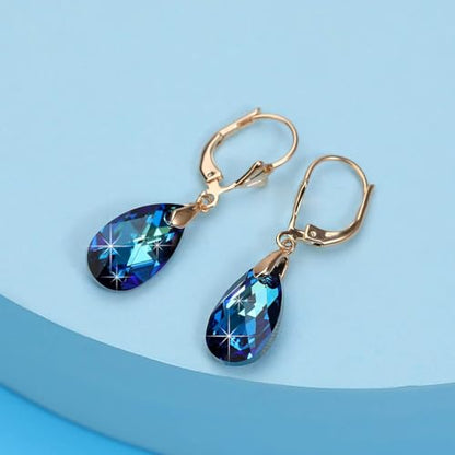 Austrian Crystal Teardrop Leverback Dangle Earrings for Women Fashion 14K Gold Plated Hypoallergenic Jewelry - color: Bermuda Blue