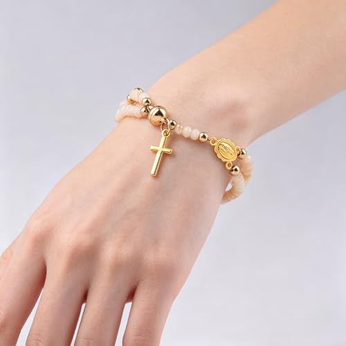 GAUEIOUR Catholic Rosary Beaded Bracelet for Women,Christian Prayer Beads with Alloy Cross & Virgin Mary Charm,Religious Faith Jewelry