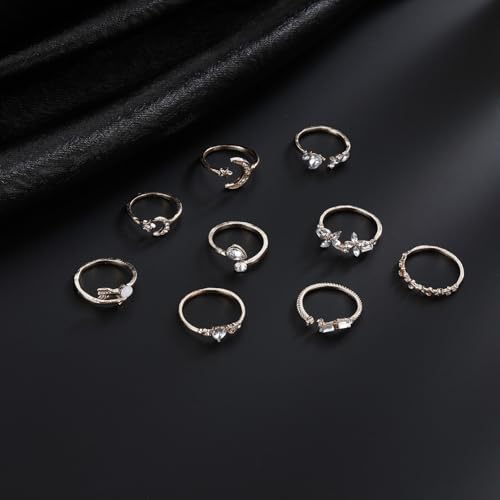 HUASAI Gold Stackable Rings Set for Women Boho Dainty Moon Star Pearl Leaf Cubic Zirconia Heart Midi Pinky Trendy Jewelry Birthday Gifts - color: A Silver Rings 9 Pcs