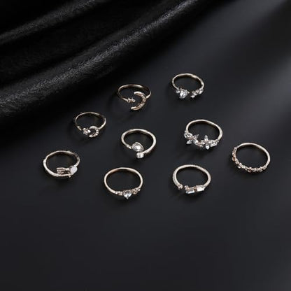 HUASAI Gold Stackable Rings Set for Women Boho Dainty Moon Star Pearl Leaf Cubic Zirconia Heart Midi Pinky Trendy Jewelry Birthday Gifts - color: A Silver Rings 9 Pcs