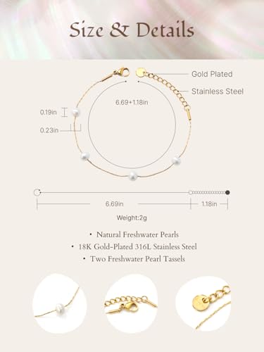 6-7 Inches Pearl Bracelet VeroSteel Dainty Beaded Bracelet for Women, Stainless Steel Gold Plated Hand Chain Bracelet, Cute Bead Bracelets Made with Fresh Water Pearls, Trendy Link Bracelets for women