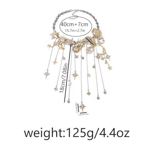 Vintage Exaggerated Alloy Zirconia Moon Star Multi-Pendant Tassel Necklace, Luxury High-End Style, Elegant Jewelry for Women