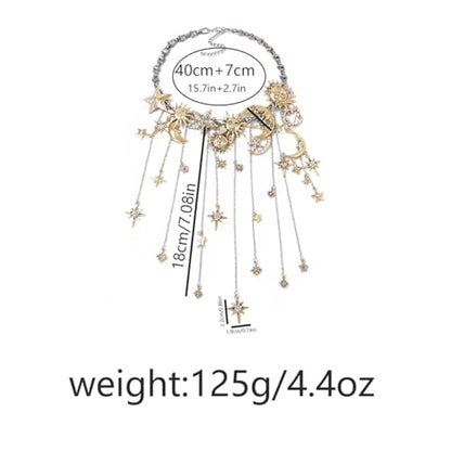 Vintage Exaggerated Alloy Zirconia Moon Star Multi-Pendant Tassel Necklace, Luxury High-End Style, Elegant Jewelry for Women