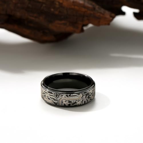 Tungsten Ring 8mm Computer Circuit Pattern Ring Black/Gold/Silver Tungsten Carbide Wedding Band for Men Comfort Fit - color: Black