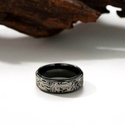 Tungsten Ring 8mm Computer Circuit Pattern Ring Black/Gold/Silver Tungsten Carbide Wedding Band for Men Comfort Fit - color: Black