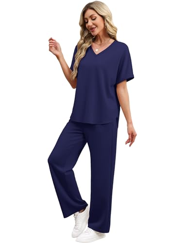 Sampeel Lounge Sets for Women V Neck Turn-UP Sleeves Tops Wide Leg Pants 2 Piece Sets Oversized Summer Vacation Outfits 2026 - color: Dark Blue, size: Medium