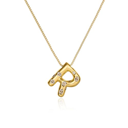 Cicy Bell Initial Necklace for Women 14k Gold Plated | Cubic Zirconia, Trendy, Personalized, Dainty Letter Pendant - color: R-Gold