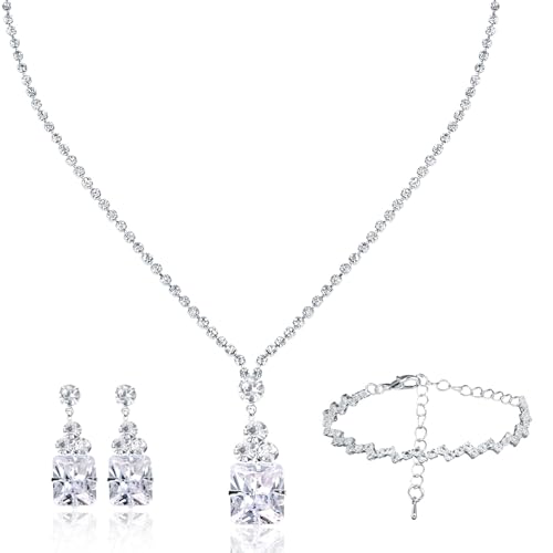 CAVETEE Jewelry Set - Prom Jewelry Crystal Bridal Necklace, Bracelet & Pendant Earring Jewelry Set for Women - style: Square crystal