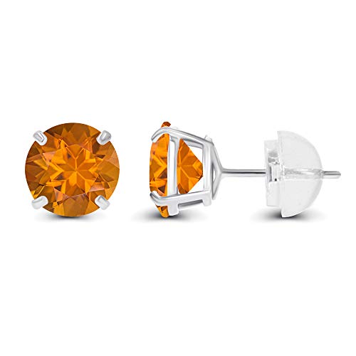 Solid 14K Yellow, White or Rose Gold 4mm Round Genuine Gemstone Birthstone Prong Set Stud Earrings For Women - color: Citrine Madeira