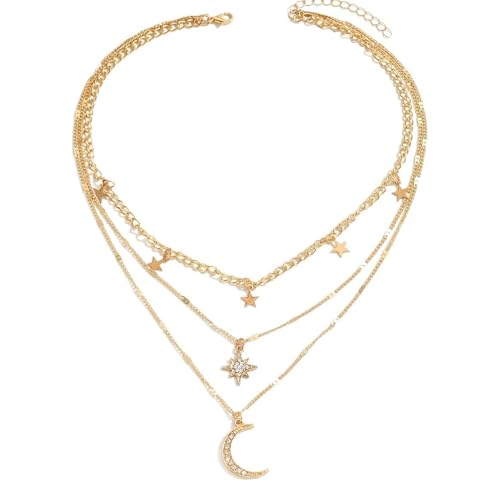 Layered Gold Necklaces for Women， 14K Gold Plated Stackable Star Moon Pendant Necklace for Women - color: gold