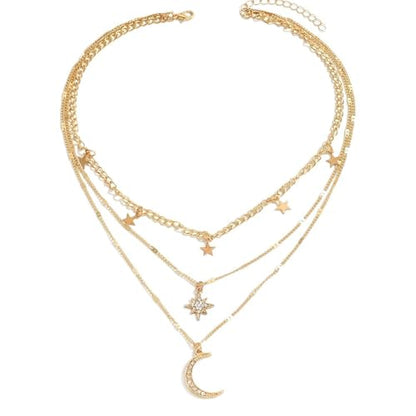 Layered Gold Necklaces for Women， 14K Gold Plated Stackable Star Moon Pendant Necklace for Women - color: gold