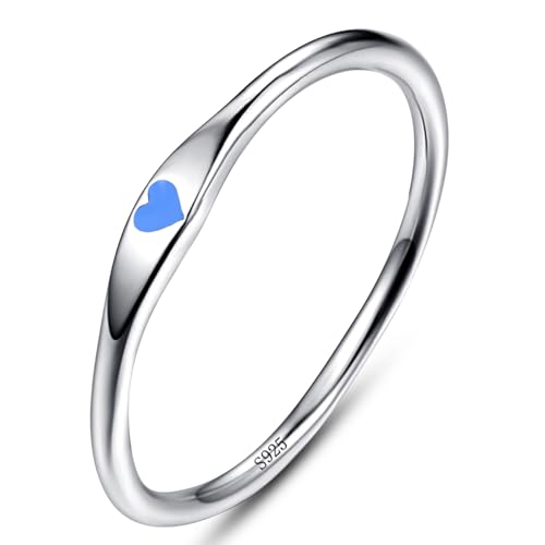 AVECON S925 Sterling Silver Thin Carve Heart Ring for Women Men, Love Style | Hypoallergenic Promise Wedding Band for Her, Stackable Jewelry Gifts for Anniversary Valentine's Day, Accurate Size 5-10 - color: F-Silver-Blue
