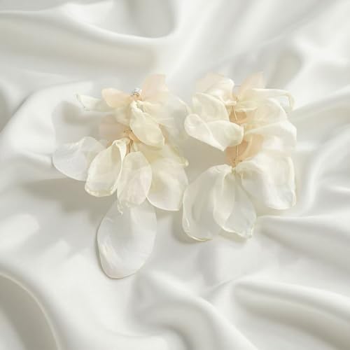 Handmade Bohemian Lightweight Fabric Flower Dangle Drop Earrings Chic Pearl Large Tassel Petal Stud Earrings For Women - color: Milky White