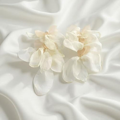Handmade Bohemian Lightweight Fabric Flower Dangle Drop Earrings Chic Pearl Large Tassel Petal Stud Earrings For Women - color: Milky White