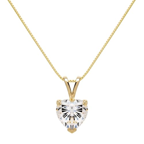 Everyday Elegance Solid 14K Gold Cubic Zirconia Solitaire Pendant Necklace for Women Heart, Princess, Round, Oval, Emerald, Pear & Cushion Cut 1 or 2 CTW | .60mm Thick 16" 18" Length Box Link Chain - color: 14K Yellow Gold, size: 18 " Chain (0.60 mm Thick