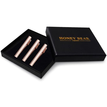 HONEY BEAR 2.12" Standard Tie Clip Bar 3-Piece Set for Men Wedding Business | Classic Minimalist, Steel-Plated Copper Base, Gift-Boxed, Thickened, Rounded Corners, Easy to Slide On, No Snag or Wrinkle - style: Rose Gold Brushed Vertical with box