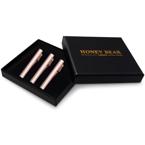 HONEY BEAR 2.12" Standard Tie Clip Bar 3-Piece Set for Men Wedding Business | Classic Minimalist, Steel-Plated Copper Base, Gift-Boxed, Thickened, Rounded Corners, Easy to Slide On, No Snag or Wrinkle - style: Rose Gold Brushed Vertical with box