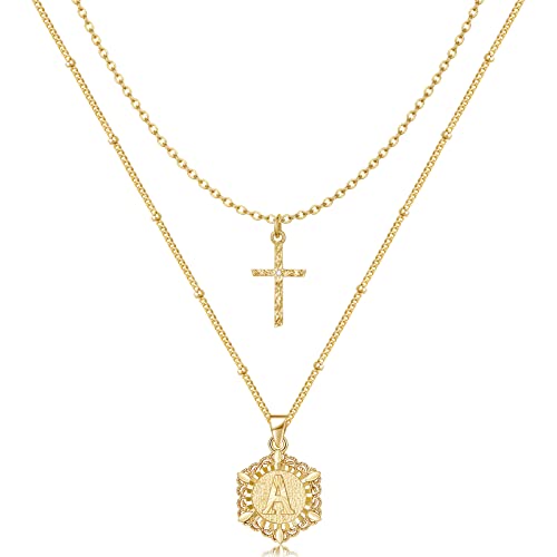 KELORIS PATH Gold Layered Initial Cross Necklace, 14K Gold Plated Layering Square Letter Pendant Figaro Chain Cross Choker from A-Z Capital Jewelry for Women Girls | 14K Gold Plated Square/Hexagon Letter Pendant with Figaro Chain, Stackable Jewelry Gifts,