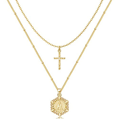 KELORIS PATH Gold Layered Initial Cross Necklace, 14K Gold Plated Layering Square Letter Pendant Figaro Chain Cross Choker from A-Z Capital Jewelry for Women Girls | 14K Gold Plated Square/Hexagon Letter Pendant with Figaro Chain, Stackable Jewelry Gifts,