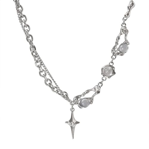Gothic Cross Star Necklace For Men Women Silver Stainless Steel Cuban Link Paperclip Figaro Bead Chain Punk Kpop Y2k Goth Irregular Layered Cross Pendant Necklace Non Tarnish Jewelry Gift - color: Silver M