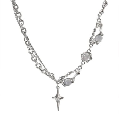Gothic Cross Star Necklace For Men Women Silver Stainless Steel Cuban Link Paperclip Figaro Bead Chain Punk Kpop Y2k Goth Irregular Layered Cross Pendant Necklace Non Tarnish Jewelry Gift - color: Silver M