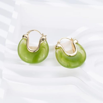 Chunky Gold Resin Hoop Earrings Leverback Statement Huggie Hoops Dangle Drop Dressy Earring Prom Festival Vacation Jewelry for Women - color: Green, size: Drop