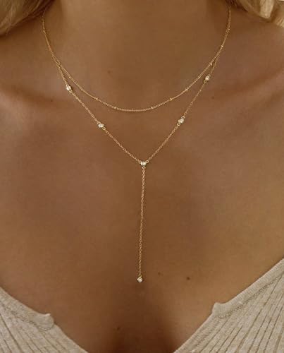 Gold Necklace for Women, Dainty Long Necklace 14k Gold Plated Lariat Long Necklaces for Women Trendy Simple Statement Drop Necklace Fashion Body Chain Prom Jewelry Gold Accessories - color: 8-Gold