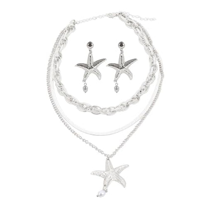 Gold Layered Stackable Starfish Earrings Necklace Sets for Women,Boho Faux Pearl Earrings Chunky Herringbone Pendant Necklace Ocean Matching Jewelry Gifts - color: Silver