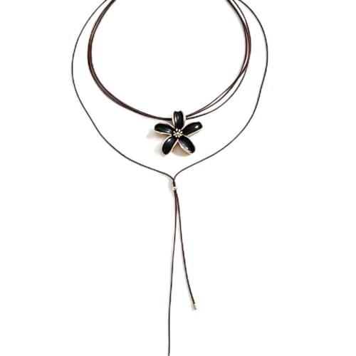 Bohemian Flower Necklace Layered Colorful Flower Floral Long Necklace for Women Leather Cord Lariat Y Necklaces Boho Jewelry Gift Trendy - color: dark