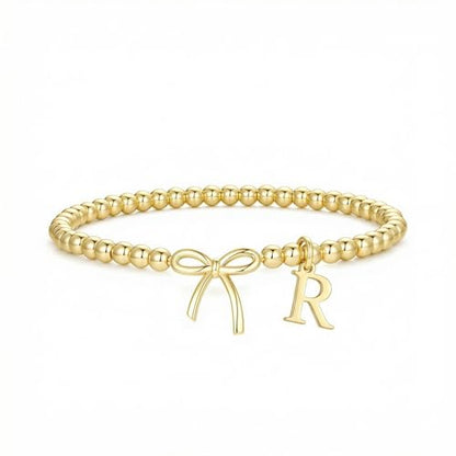 Letter A-Z Bracelets for Women Teen - Inital Beaded Bracelet with Bowknot Charm, Dainty Stretch Stackable Bracelet, Trendy Jewelry Gifts for Birthday Easter Basket Stuffers - style: Gold: R